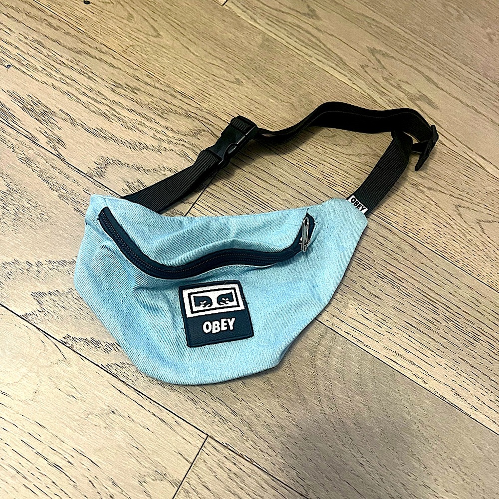 Baby blue & black obey bum bag